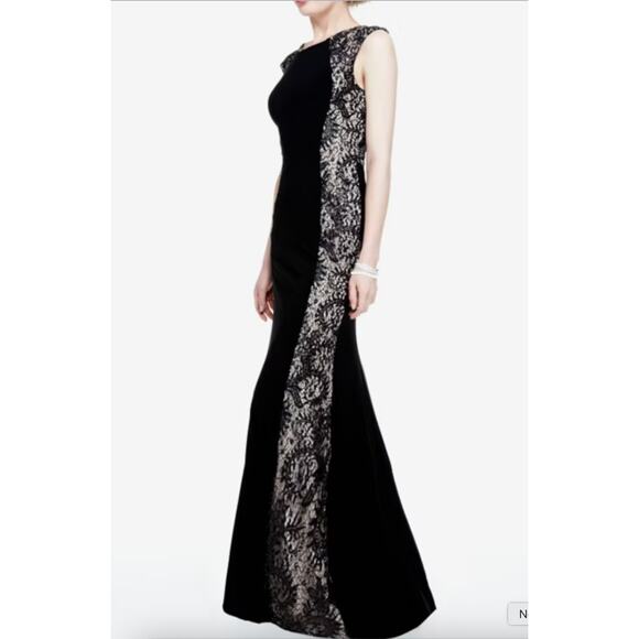 Xscape Dress Womens 4 Black Sequin Lace Panel Cap Sleeve Jersey Gown Formal - Picture 1 of 10